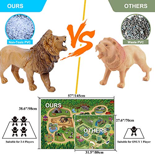 Mini Tudou Safari Animals Figures & 57x38.6'' Play Mat for Kids Toddler 3-5 | Zoo Animal Toys, Realistic Wild Animal Figurines, Plastic Jungle African Animals Playset with Storage Bin, Gift for Boy Girl