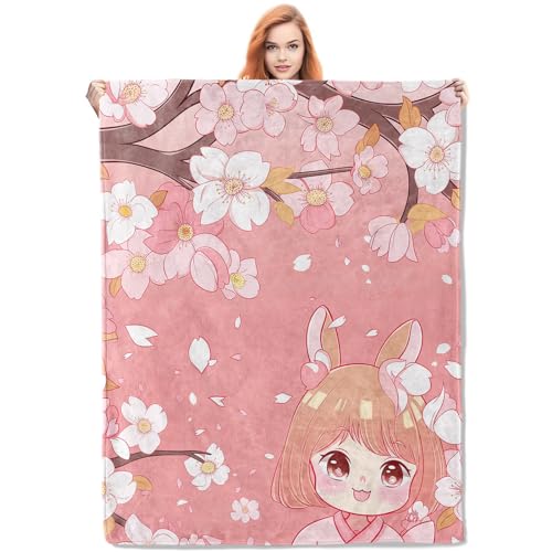 Cherry Blossoms and Cute Anime Girl Flannel Blanket,Pink Floral Soft Lightweight Throw Blankets Gifts for Girls Anime Fans,60" x 80" Perfect for Couch Bed Home Travel Decor - color: Color299, size: 60"x80"