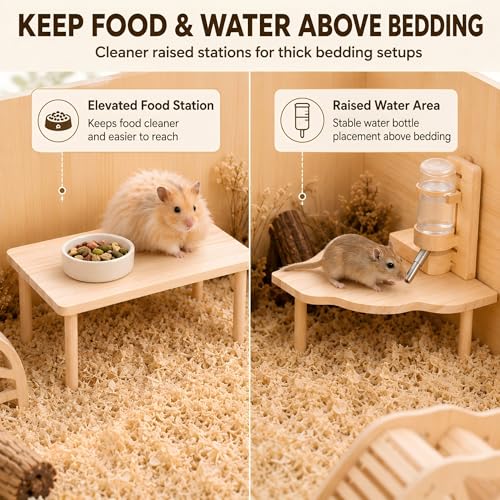 3-Piece Hamster Wood Platform Set with Tunnel Hideout, Natural Cage Accessories with Hides, Food & Water Stations, Climbing & Burrowing for Dwarf, Syrian Hamsters, Mice & Gerbils