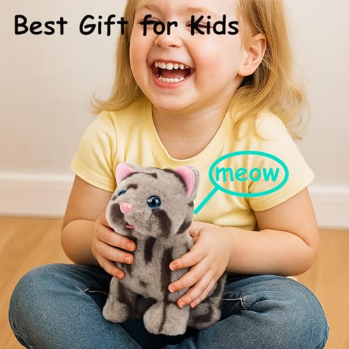 Easfan Walking Kitty Cat Electric Meowing Plush Toy for Kids 9" | Interactive pet, tail wagging head nodding, animated kitten pet, birthday holiday gift, for toddlers - style: Grey Cat