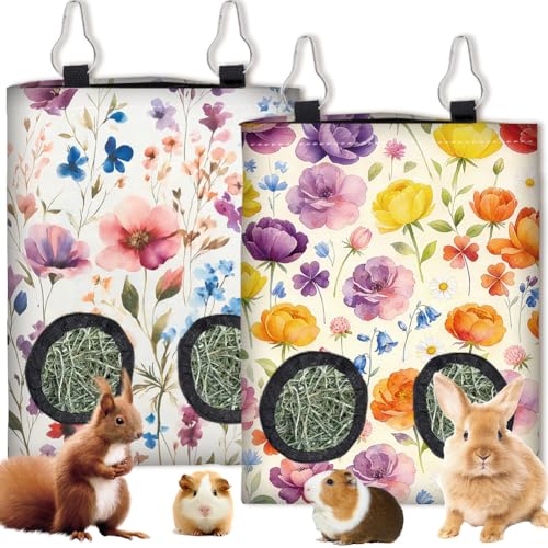 2Pcs 2 Styles Guinea Pig Hay Feeder Rabbits 11.6 x 9.1 Inch, Hanging Hay Feeder Bag Cloth Washable Flowers Feeding Storage Holder with 2 Holes for Bunny Chinchillas Hamsters Small Animals - color: Flower-1