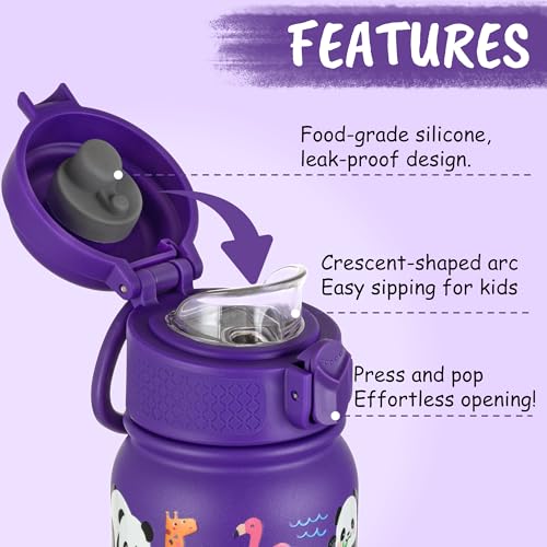 GOPPUS Kids Insulated Water Bottle 12oz, Leakproof Stainless Steel Thermos, BPA Free Double Wall Vacuum Insulated Bottle for School, Travel, Sports & Outdoor Activities, Boys Girls - color: Purple panda