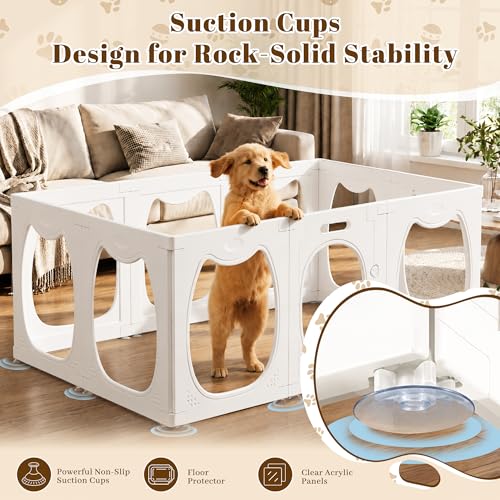Clear Acrylic Dog Playpen Indoor with Toy & Door (24" H, 10 Panels, White) | Transparent Puppy Playpen for Dogs, Cats, Rabbits or Small Pets, Indoor Modern Dog Play Pen for Home, Easy Clean & Assemble