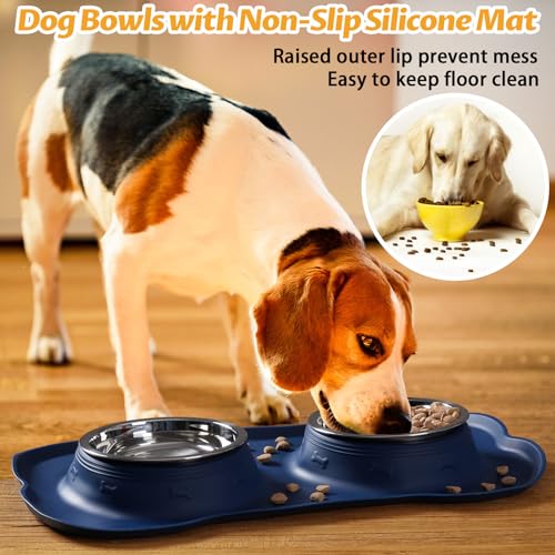 Hubulk Pet Dog Bowls 2 Stainless Steel Dog Bowl with No Spill Non-Skid Silicone Mat + Pet Food Scoop Water and Food Feeder Bowls for Feeding Small Medium Large Dogs Cats Puppies (Medium, Navy Blue) - color: Navy Blue, size: Medium
