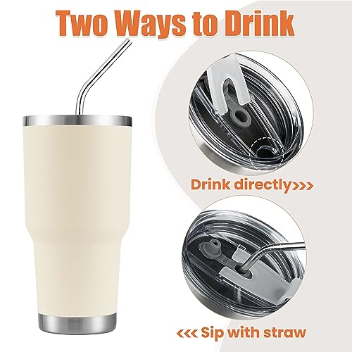 D·S 30oz Cream Tumbler Double Wall Vacuum Insulated Travel Coffee Mug | Double Wall Vacuum Suit Cold and Hot Drink Fits in standard car cup holders With Splash-Proof Lid - color: Cream