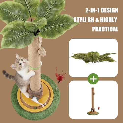 44" Tall Palm Tree Cat Scratching Post with Sisal Rope,Dangling Balls,Natural Healthy Catnip Balls,Cat Toy Mouse Hole,Interactive Wooden Ball & Cats Wand for Indoor Cats Adults and Kitten