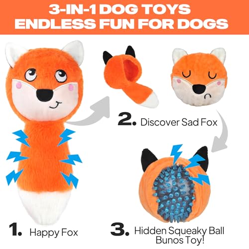 Fida Squeaky Dog Toys for Aggressive Chewers, 3 in 1, Tough Dog Ball | Dog Chew Toys with 3 Layers, to Keep Them Busy, Interactive for Small, Medium and Large Dogs, Gift Box, Fox - color: Orange Fox