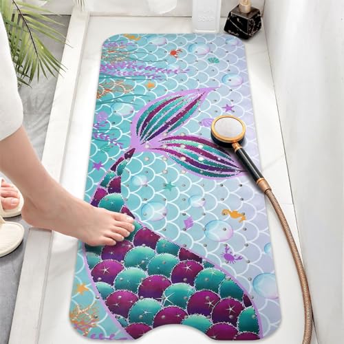 Mermaid Bathtub Mat Non Slip, Cute Baby Bath Mat for Tub Rubber Tub Mat, Kids Bath Mats for Bathroom Little Girls Anti Slip Shower Mat with Suction and Drain Holes Machine Washable, 40″X16″ - color: A05, size: 40" x 16" (Rectangular)