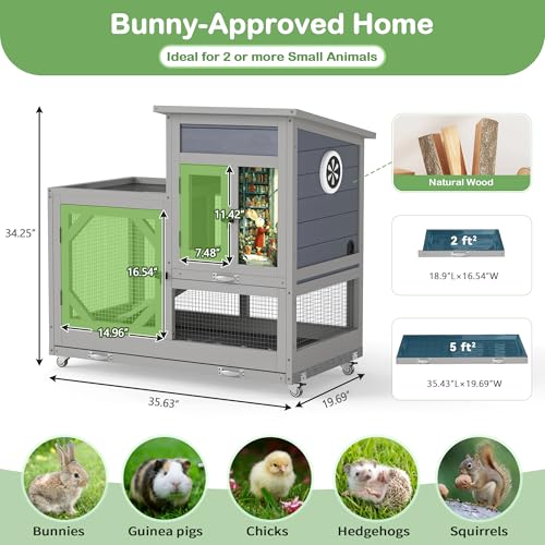 COZIWOW Rabbit Hutch Indoor Outdoor Bunny Cage with Wire Floors, Gray | 2 Wire Floors & Removable Trays, 2-Story Large Wooden Rabbit Cage on Wheels, Chewproof Ramp for Multiple Small Animals