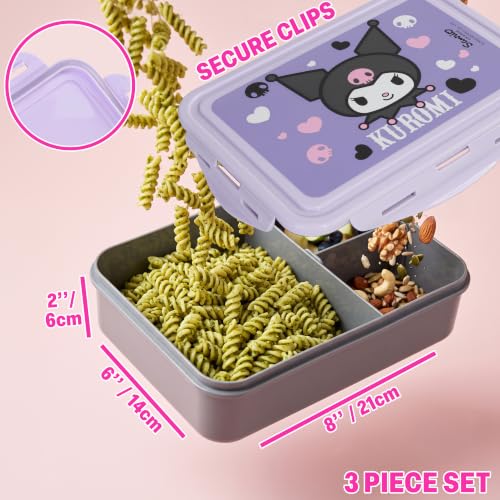 Get Trend Kuromi Girls Lunch Box 3Pc Set | Kids Insulated Lunch Bag with BPA-Free Water Bottle and Bento Box, Back to School Kawaii Gifts for Girls - color: Black/Purple Kuromi