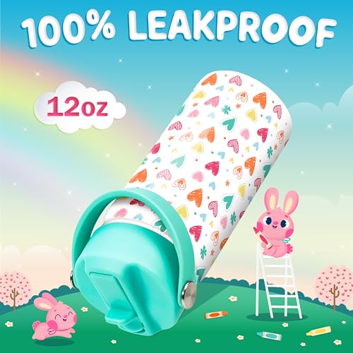 SANDJEST Kids Water Bottle with Straw Lid - Insulated 12 Oz Stainless Steel Water Bottles for Girls - Heart Water Bottle Travel Cup for School Sports - color: Heart