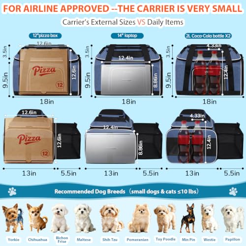 Top and Side Expandable Small Pet Carrier Airline Approved, Blue | 18"Lx13"Wx9.5"H, for Southwest Airlines, Pets Under 10 Lbs, Lockable Zippers,Soft-Sided, Anti-Scratch Mesh - color: Blue, size: 18.0"L x 13.0"W x 9.5"H