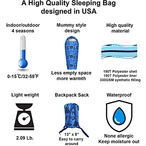 KidzAdventure Mummy Style 32 – 59F Kids Sleeping Bag with Pillow Sleeve, 4 Season, Lightweight and Backpacking Style, Ideal for Camping, Sleepover, Boys, Girls, and Youth - color: Blue kids up to 4'3"