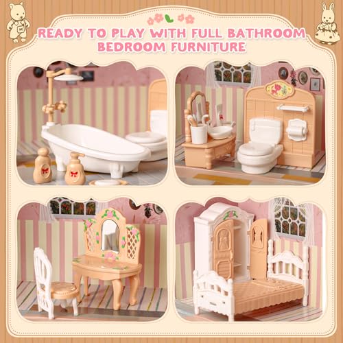 TUZT Suitcase Dollhouse Furniture Set for Kids, Mini Dollhouse Box with 2 Flexible Dolls and Bedroom&Bathroom Furnitures, Pretend Play Accessories Christmas Birthday Gift for Toddlers Ages 3+ - style: Bathroom