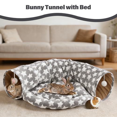 BWOGUE Bunny Tunnel Bed, 2-in-1 Collapsible Rabbit Tunnel Hideout with Mat | Removable Mat for Washing, Ball Toy for Play, Tunnel Tubes for Hiding, Gray Star Soft Suede Fabric, Cats Rabbits Guinea Pigs - color: Greystar