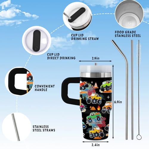 Truck 14oz Tumbler, with Handle Straw, Stainless Steel Sport Cup | 14 oz Insulated Water Bottle, Travel Vacuum Coffee Mug, Thanksgiving Christmas Birthday Gift for Son, Car Lover Gifts - color: Truck-Black