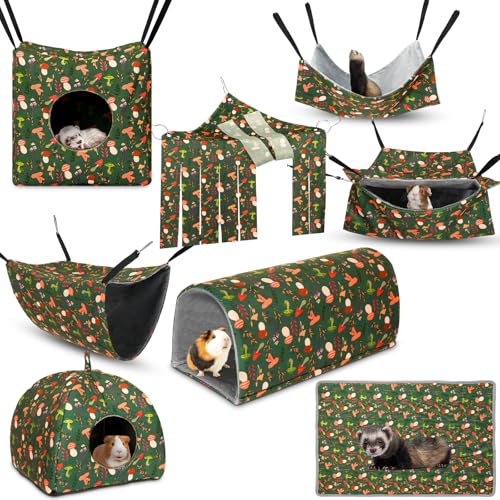 Geelin 8 in 1 Rat Hammock Ferret Hammock Guinea Pig House Hideout Ferret Cave Beds Washable Chinchilla Hamster Cage Accessories Bed Toys for Summer Small Animals Pet Bunny Squirrel