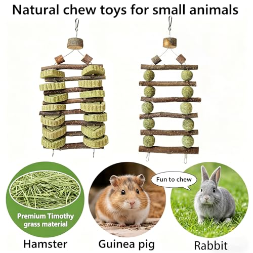 Bunny Chew Toys for Teeth Grinding, 2 Pack Double-Row Natural Grass Cake Apple Wood Hanging Rabbit Toys for Guinea Pigs, Chinchillas, Hamsters Small Pets Cage Decor