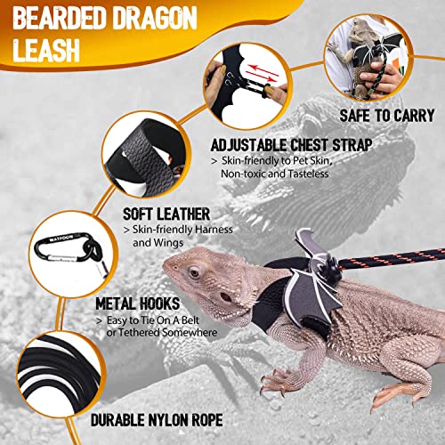 WATFOON Adjustable Lizard Leash Bearded Dragon Harness Leather Cool Wings Training Leashes Reptile Carrier Bearded Dragon Sling Carrier (Black, Leash + Grey Sling) - color: Grey, size: Leash + Grey Sling (Gift)