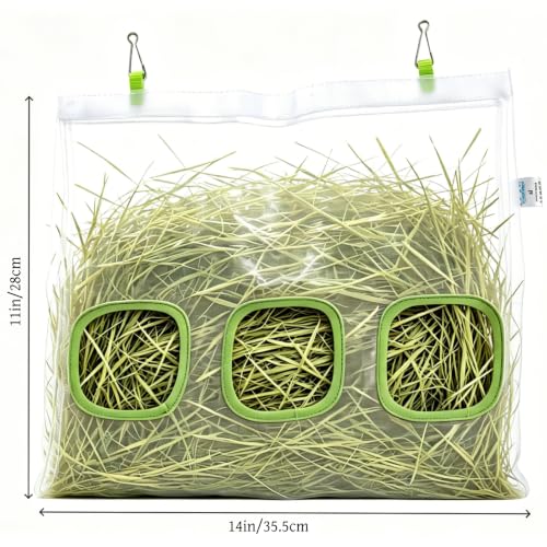 Guinea Pig Hay Feeder Bag with 3 Holes 14*11in Hanging Mesh Rabbit Hay Bag | Breathable Bunny Hay Feeder with Metal Hooks for Chinchillas Hamsters and Small Animals Bunny Supplies