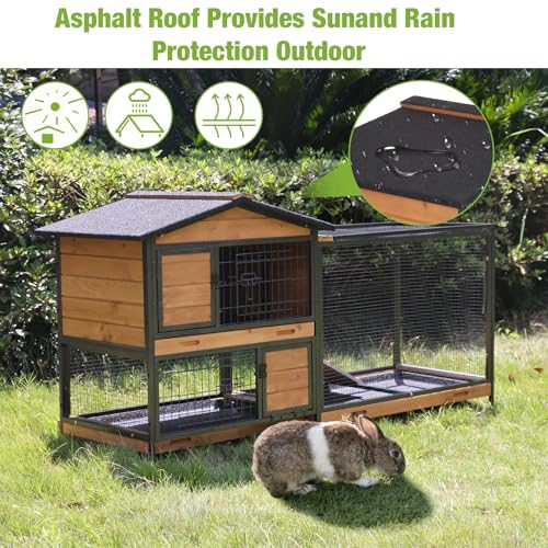 GUTINNEEN 60.8 in Rabbit Hutch with Wheels, 2-Level Wooden Small Animal Cage with 6 Lockable Doors, 3 Compartments & Pull-Out Trays, Indoor Rabbit Enclosure - color: Orange