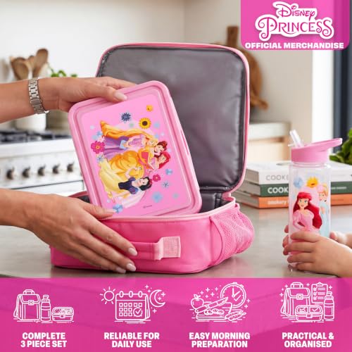 Get Trend Disney Princess Girls Lunch Box 3Pc Set | Kids Insulated Lunch Bag with BPA-Free Water Bottle and Bento Box, Back to School Gifts for Girls - color: Pink Princess