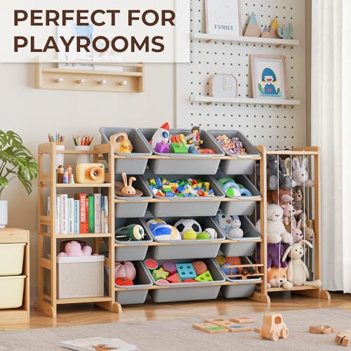 Toy Storage Organizer with Bookshelf and Stuffed Animal Storage - Kids Playroom Organization with Shelves and 12 Toy Bins - Toddler Living Room Toy Box for Lego - Nursery Bedroom Decor Essential - color: Grey, size: 55.2"W,3 Shelves,12 Bins