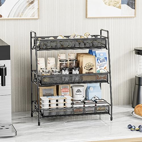 EKNITEY Bathroom Countertop Organizer Rack - 3 Tier Counter Spice Rack | Metal, Non-Slip Base, Makeup Rack, Small Coffee Station Organizer, for Sink Bedroom Kitchen Living room - color: Black