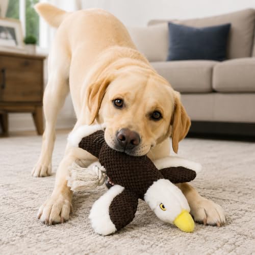 Dog Squeaky Toy Plush Bald Eagle Dog Chew Toy with Knotted Rope Tassels, Teething Interactive Tug Toy for Puppies & All Dog Breeds - color: Brown Bird