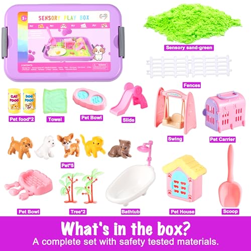 Carolart Pet Sensory Bin, Dog & Cat Sand Box Play Sand Kit, Sensory Toys | Sensory Sand Pet Care Play Set, Pretend Animal Toys, Sensory Kit Gift for Girls Boys, Interactive Sensory Play Ages 3+ - style: Pet