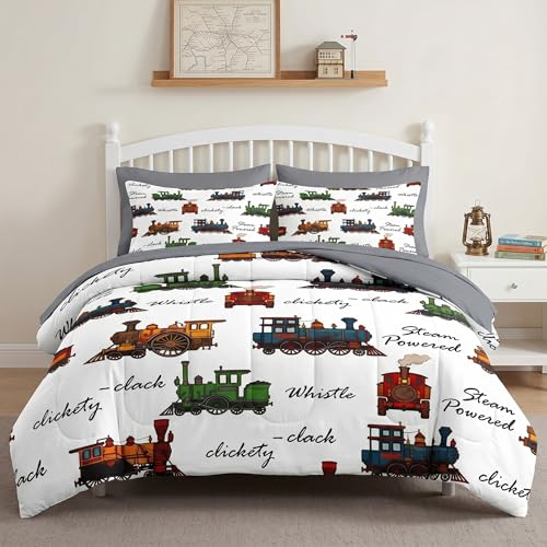 WeCozy Twin Comforter Set with Sheets, 5 Pieces Children Cartoon Bedding | Bed in A Bag for All Season, Steam Train Boy Cute Vehicle, Pillowcase & Sham for Kids and Adults - color: Cartoon Train, size: Twin