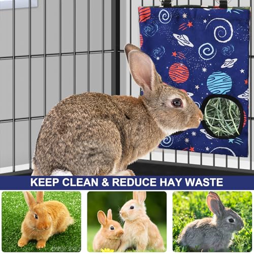 JarThenaAMCS 2 Pcs Rabbit Hay Feeder Bag with 2 Holes Guinea Pig Hanging Hay Feeding Bag Blue Galaxy Storage Dispenser for Chinchilla Hamster Bunny Small Animal Pet, 11.5 x 9 Inch