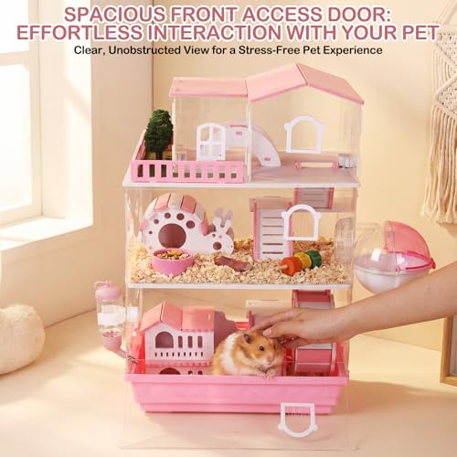 Eccliy 15 in 1 Clear 3-Layer Acrylic Hamster Cage with All Accessories, 20 x 13.7 x 10 Inch Dwarf Hamster House, Magnetic Connection Small Pet Enclosure, Garden Style Mouse Cage for Pet Mice - color: Pink