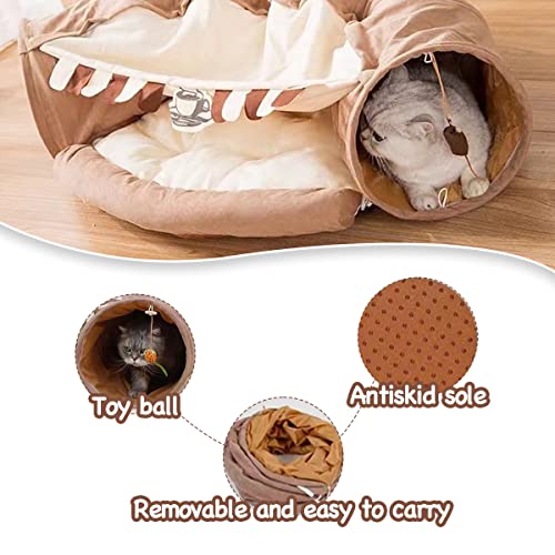 EAEDMY Cat Rabbit Tunnel Bed Nest for Cats Indoor, with Collapsible Washable Soft Cushion, Plush Ball and Exercise Wheel Tube, Fit for Puppy Bunny Kitty Kitten Ferret(2.Coffee) - color: 2.Coffee