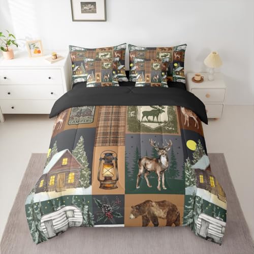 Erosebridal Hunting Bear 7 Piece Comforter Set Full Rustic Farmhouse Bedding Sets for Kids Teens Cabin Decor Vintage Barn Woodland Animals Moose Sheet Set Retro Buffalo Plaid Camper Quilt Brown - color: Brown Green White, size: Full