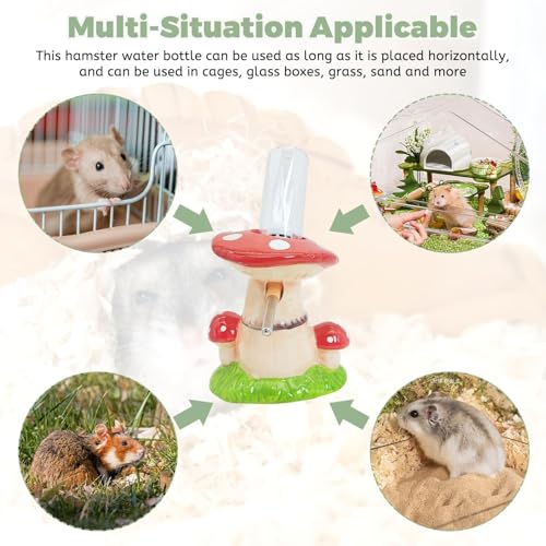 PINVNBY Hamster Water Bottle No Drip Ceramic Automatic Gerbil Water Bottle 80ML Water Dispenser with Mushroom Stand Holder for Gerbils Syrian Hamsters Dwarf Hamsters Mice (Red) - color: Red