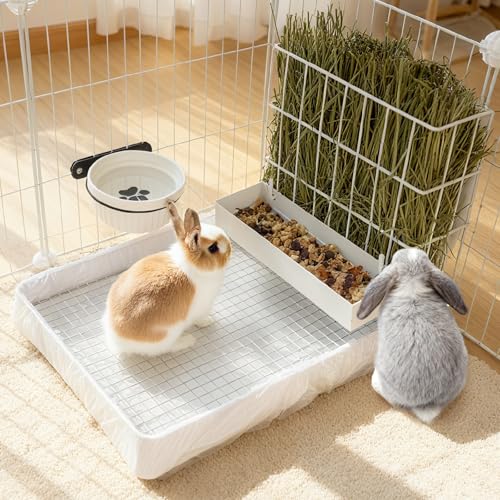 BESNEW 3 in 1 Rabbit Hay Feeder with Litter Box,Upgraded Metal Hay Rack & Litter Tray & Water Bowl,Quick Cleaning,Easy to Install,Bunny Supplies for Rabbit Guinea Pig Chinchilla Small Animals - color: White, size: 10in set
