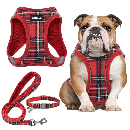 GAMUDA Small Dog Harness Collar and Leash Set, Step in No Chock No Pull Soft Mesh Adjustable Dog Vest Harnesses Plaid Reflective for Dogs Puppy Cats Kitten Rabbit (Red, L) - color: Red, size: L