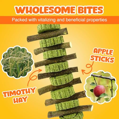 Vila Rabbit Chew Stick, Hanging Treat, Apple Chew Sticks with Round Grass Cakes, Oral Care and Gums, Suitable for Rabbits, Chinchillas, Guinea Pigs and Parrots, 1-Piece