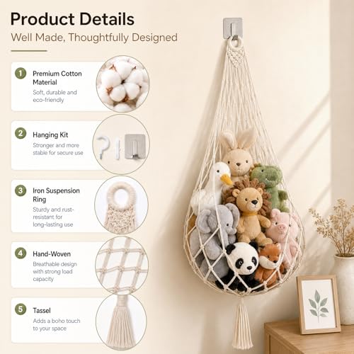 Corner Hanging Toy Hammock, Large Stuffed Animal Storage Net for Kids Room, Boho Nursery Decor, Easy Install with Hooks, Holds 100+ Plushies, Soft Cotton Rope, off white