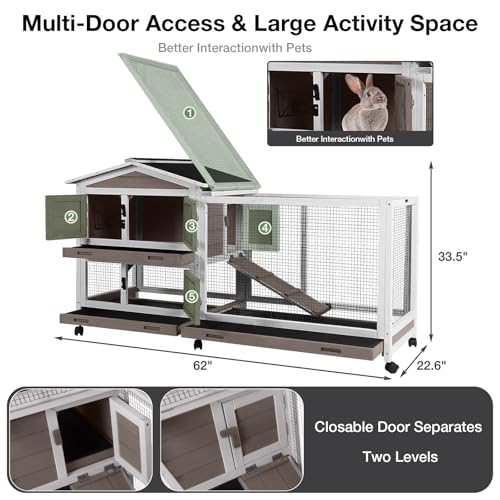 62″ 2-Story Large Rabbit Hutch with Chew-Proof Ramp, 3 Leakproof Trays, Waterproof Roof, 6 Lockable Wheels for Rabbits & Guinea Pigs (Brown) - color: (Brown)