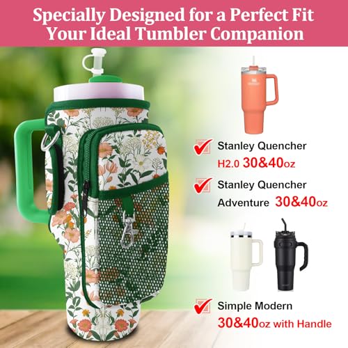 Stanley Carrier Bag for Stanley 40oz/30ozTumbler with Phone with 2 Adjustable Strap,3 Pockets Bottle Stanley Cup Carrier Bag & Case,Accessories for Hiking Travelling - color: Green Flower