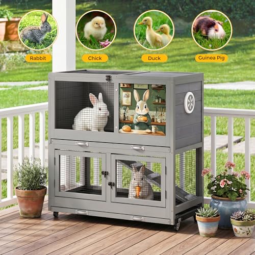 COZIWOW 2-Tier Bunny Hutch, Indoor Rabbit Cage with Wheels & Pull Out Tray | Easy Clean Pull Out Tray & Anti-Chew Ramp Included. Air Vent For Proper Ventilation. Rolling Casters For Mobility.