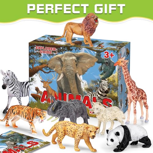 13 Pack Animal Figures with Booklet, Safari Jungle Animal Figurines | Realistic Safari Animals Figures for Kids, Plastic Zoo Animals Figurines for Toddle, Jungle Birthday Party Favor for Boy Girl