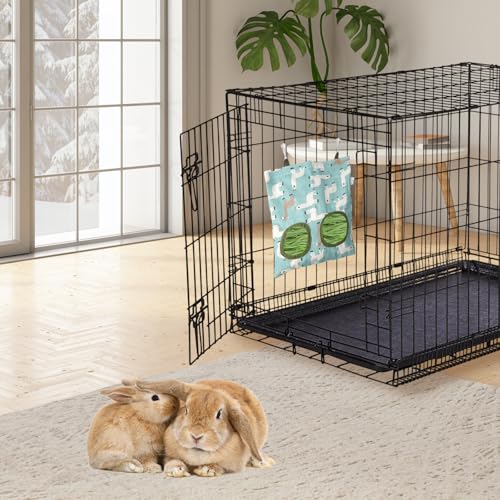 2 Packs Rabbit Hay Feeder Bag, Hanging Hay Feeders Washable 2 Hole Guinea Pig Hay Feeder Bag for Bunny Rabbits Chinchillas Hamsters Small Pets Animals