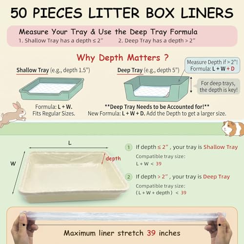 50 Pcs Disposable Small Animal Cage Liners - Clear Plastic Rabbit & Bird Cage Liners, Leakproof Guinea Pig Pet Tray Film with Hangable Cleaning Brush (39''-50P) - size: L+W<39''