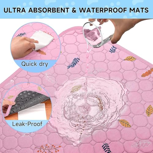 Sunheir Washable Pee Pads for Dogs Large 24" x 72" 2-Pack Reusable Puppy Pads Pet Training Pads, Absorb Dog Mats, Whelping Pad, Non-Slip Protects Against Urine Leakage, Runner Rug (Leaves - Pink) - color: Leaves - Pink, size: Runner 24x72 Inch (Pack of 2)
