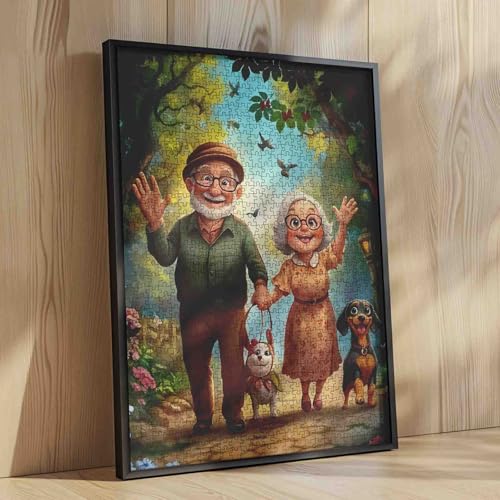 Old Man and Old Woman 1000 Piece Jigsaw Puzzles for Adults Couple Walking Painting Jigsaw Puzzle Cute Animal Dog 1000 Pieces Puzzles 20''x27”inch DIY Craft Puzzle Art Wall Decor Family Challengings - color: Artwork-19