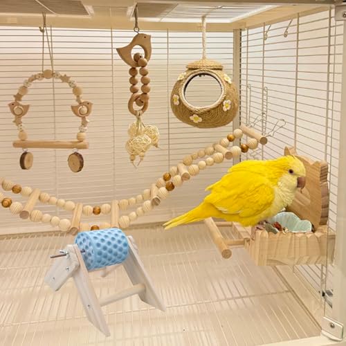 Rotating Chicken Chewing Toy, Chick Beak Grinding Calcium Stone with Wooden Stand, Small Chicken Coop Enrichment Toys for Chick, Hamster, Budgies, Parrot and Other Small Animals (Blue)