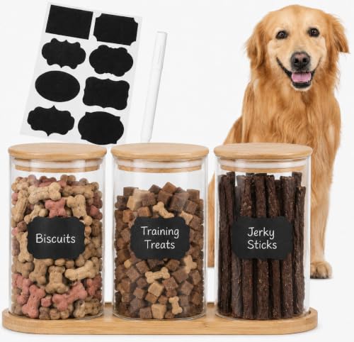 Dog Treat Jar-Dog Treat Container-with 3 Glass Jars and1bambootray,Fashionable Treat Containers with Lids for Pets-Cat Treat Container Glass & Bamboo Combo Set,for Cat Dog Treat Organizer(3 * 25oz)